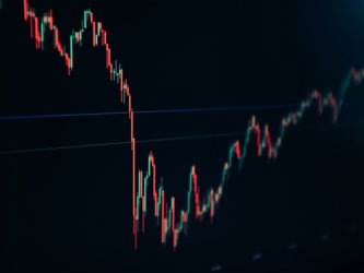 candlestick stock chart on dark screen